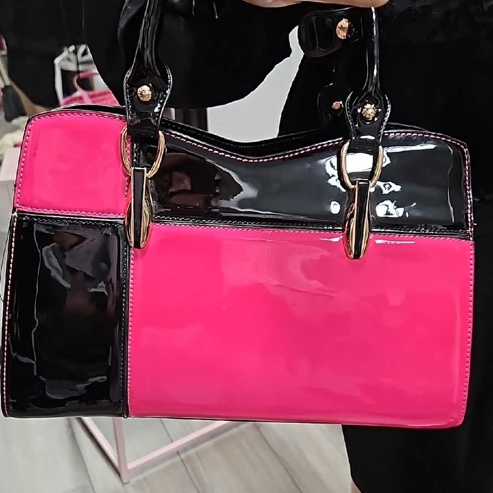 Chic Pink and Black Patent Leather Handbag